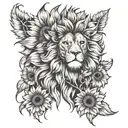 lion face split in half with sunflowers on one side tattoo design idea