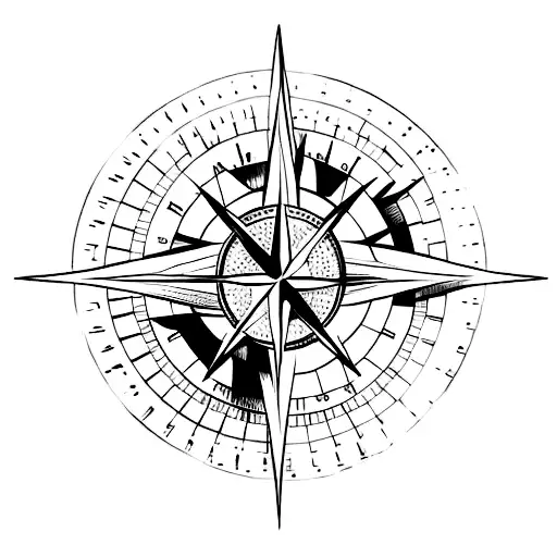 A minimalist tattoo of a compass with a palm tree and mountains in the background tattoo design idea