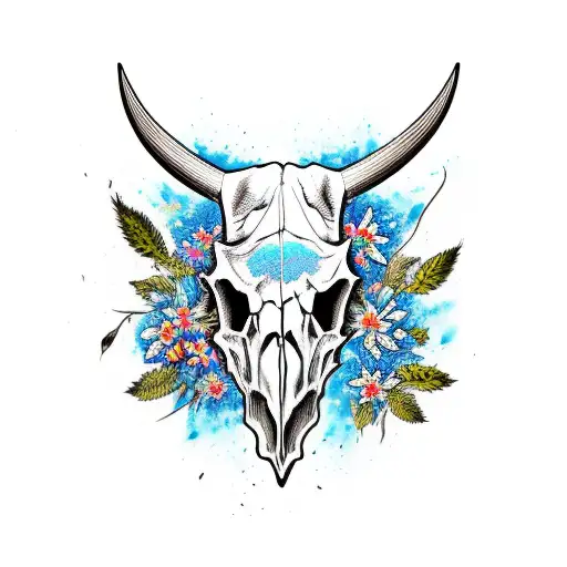 bull skull with blue flowers tattoo design idea