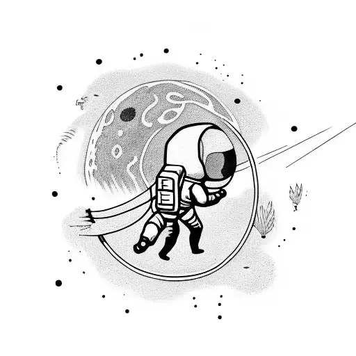 An astronaut holding a leash, walking a dog on the moon's surface tattoo design idea