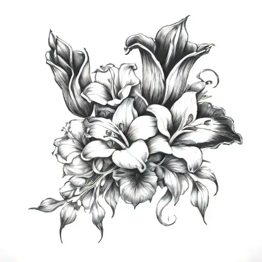 A detailed black and grey shoulder piece with sweet peas, delphinium, gladiolus and morning glory with jewels  tattoo design idea