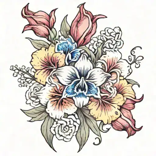 A detailed black and grey shoulder piece with sweet peas, delphinium, gladiolus and morning glory with jewels  tattoo design idea