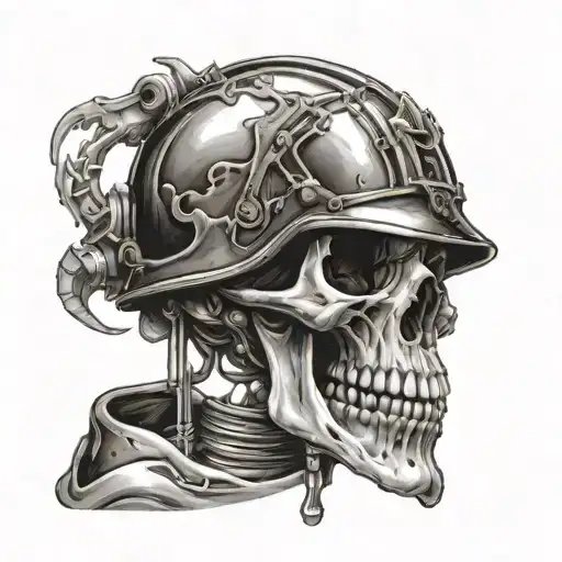 skull with helmet melting off the side  tattoo design idea
