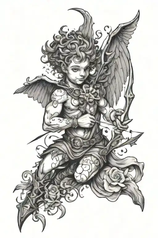 half angel half demon cupid with bow and arrows and a lot of hearts pierced by arrows around him tattoo design idea