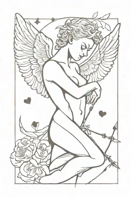 half angel half demon cupid with bow and arrows and a lot of hearts pierced by arrows around him tattoo design idea