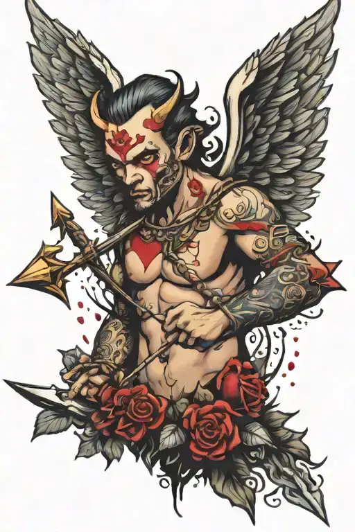 half angel half demon cupid with bow and arrows and a lot of hearts pierced by arrows around him tattoo design idea