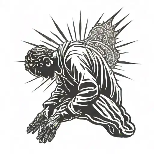 A silhouette of a person praying with rays of light shining down from above, symbolizing devotion to faith tattoo design idea