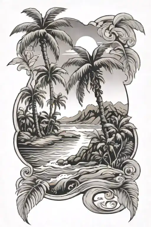 biblical theme with beach scene with palm tattoo design idea