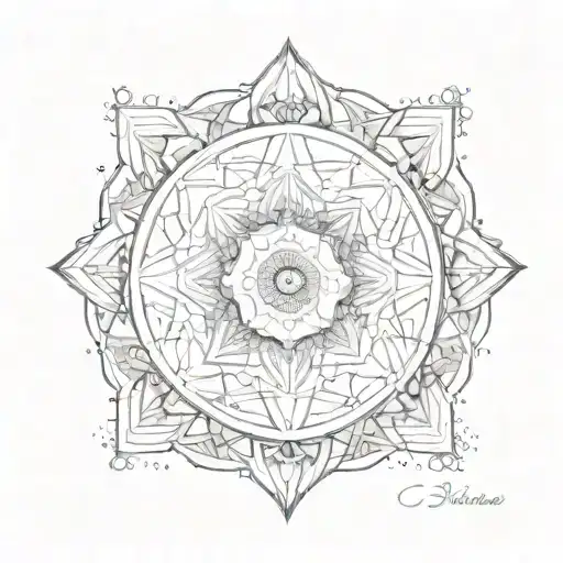 A sketch style tattoo of a mandala incorporating sacred geometry symbols and musical notes to symbolize spirituality and music tattoo design idea