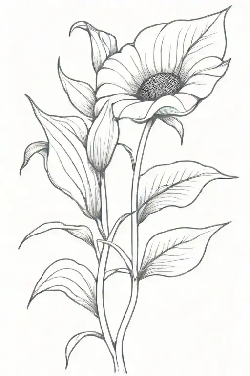 A minimalist tattoo design of a sunflower and a calla lily intertwined, symbolizing growth and healing tattoo design idea