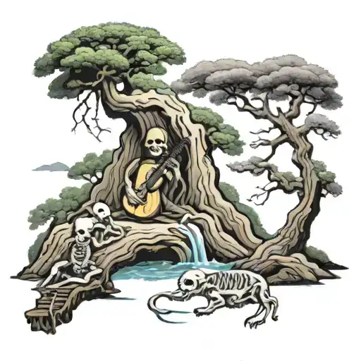 Tibetan style oak tree with a river running next to it. Two skeletons one sitting on a rock playing a mandolin The other tattoo design idea