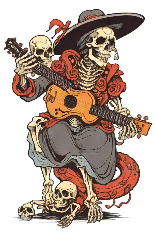 River with a skeleton playing a mandolin and another skeleton in address with a hat and a red snake around her neck tattoo design idea