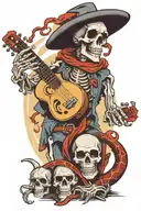 River with a skeleton playing a mandolin and another skeleton in address with a hat and a red snake around her neck tattoo design idea