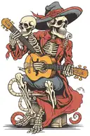 River with a skeleton playing a mandolin and another skeleton in address with a hat and a red snake around her neck tattoo design idea