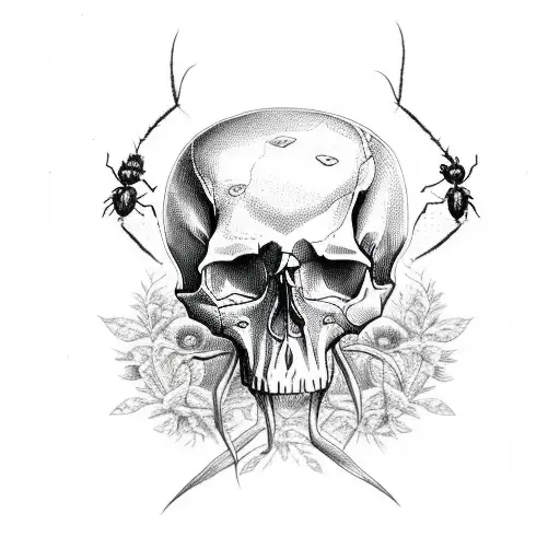 skull with botanic and insects and spider tattoo design idea
