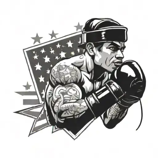 A portrait of a famous boxer with a vintage microphone and boxing gloves, surrounded by stars and stripes tattoo design idea