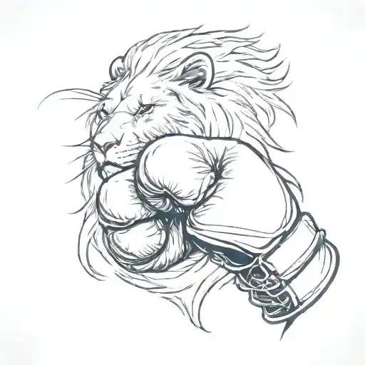 A sketch-style tattoo of a boxing glove transforming into a fierce lion's claw, symbolizing strength and courage tattoo design idea