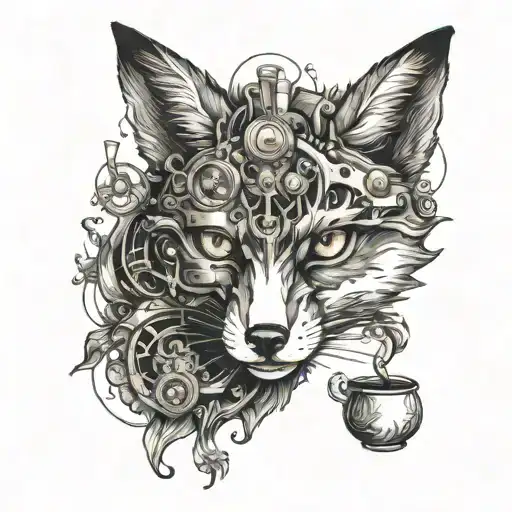 A mechanical fox with coffee bean eyes and a steam spout tail tattoo design idea