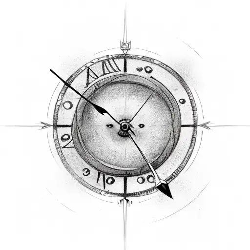 arrow hitting the center of a clock, patience written on bow's string and hope on arrow tattoo design idea