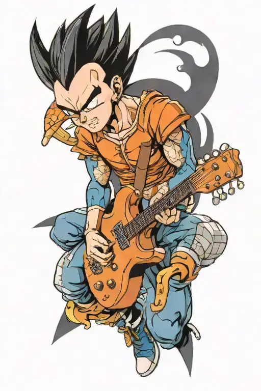 A portrait of Vegeta from Dragon Ball Z playing a guitar, blending the client's favorite things tattoo design idea