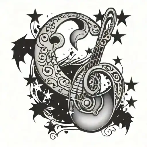 A tattoo design combining musical notes with a sleeping moon and stars tattoo design idea