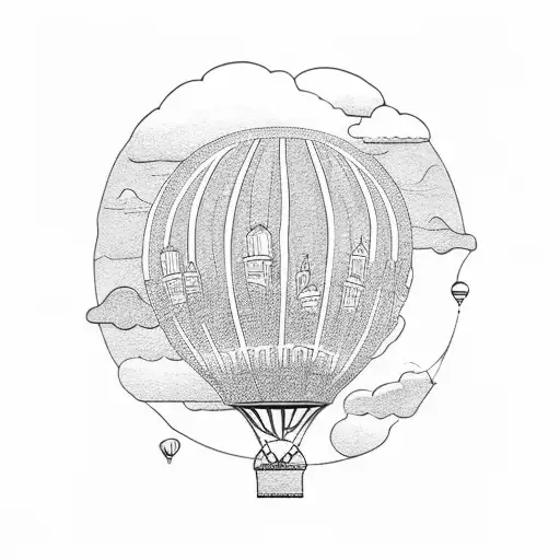 A detailed blackwork tattoo of a hot air balloon floating over a city skyline tattoo design idea
