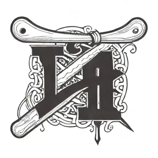 A hockey stick and drumsticks crossed with the initials of your kids intertwined tattoo design idea