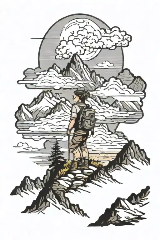 mountains with clouds stard in the sky female hiker on mountaintrail tattoo design idea