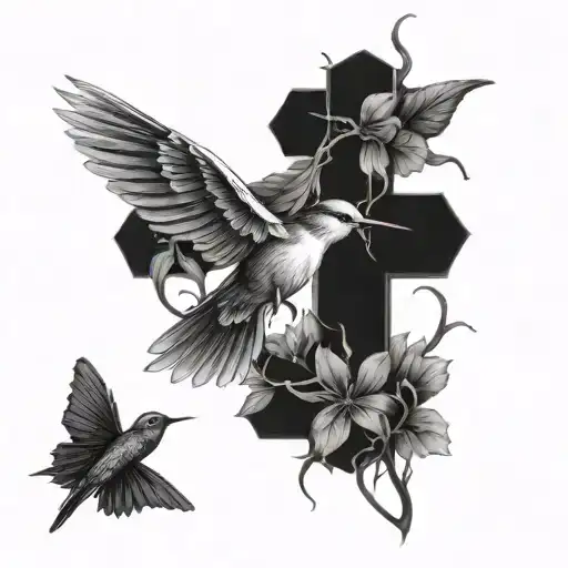 realistic cross surrounded by humming birds flying and nurturing from flours growing on the cross like vines tattoo design idea