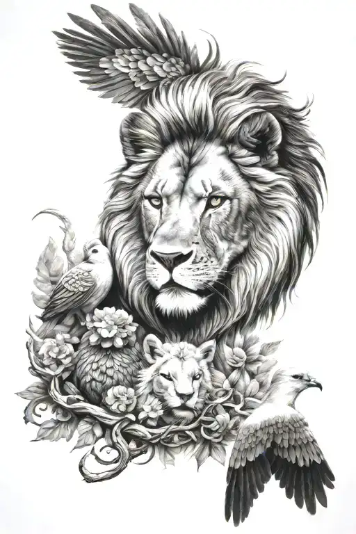 Lion, Lamb, Dove, Eagle, Deer, Serpent Sleeve tattoo design idea