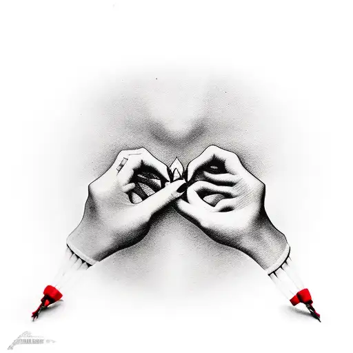 female hand around the heart, a hung doll on a rope from the little finger tattoo design idea