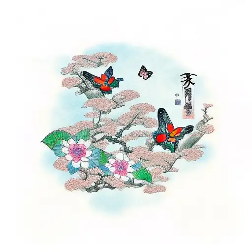 Japanese "Japanese Garden With Butterflies" Tattoo Idea BlackInk AI