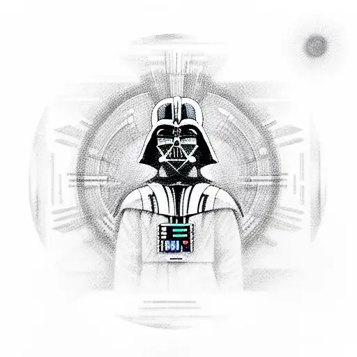 A detailed sketch of Darth Vader surrounded by the Sith code in a circular design tattoo design idea