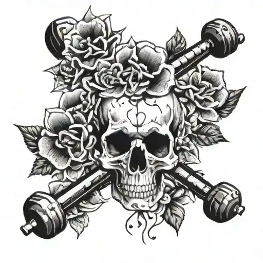 A barbell wrapped in blooming flowers and surrounded by skulls tattoo design idea