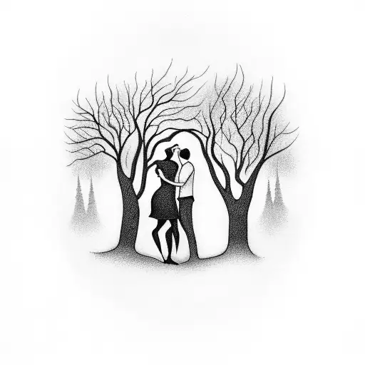 A dark forest with a man and a woman dancing.' The design should evoke a sense of mystery and grace, capturing the essen tattoo design idea