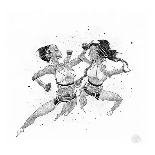 two karare fighters, fighting in the dark with acrobatic movements  tattoo design idea