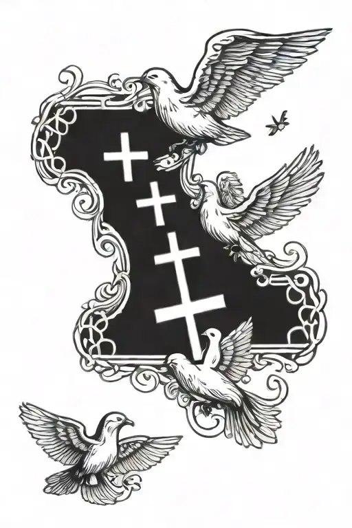 Jesus cross and doves with 4 family member names in the doves tattoo design idea