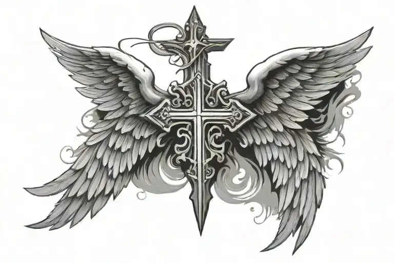 cross with angel wings flying tattoo design idea