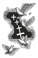 Jesus cross and doves with 4 family member names in the doves tattoo design idea