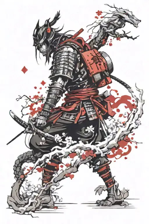 samurai warrior and dragon. sakura tree background tattoo design idea