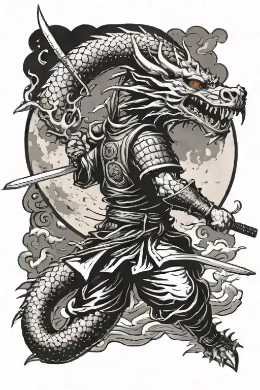 background angry dragon face and moon shining full moon. foreground samurai with katana tattoo design idea