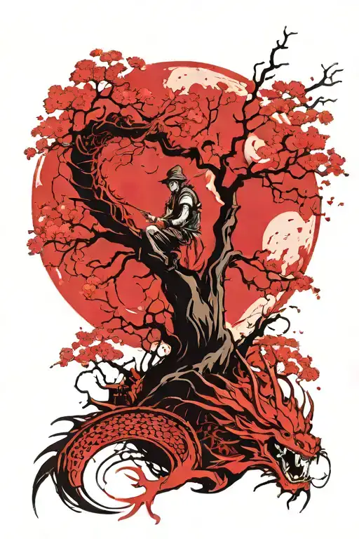 background sakura tree and moon shining full moon. foreground samurai and angry dragon tattoo design idea