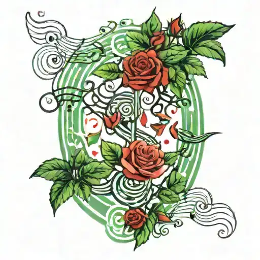 Green trees with red roses surrounding and music notes floating tattoo design idea