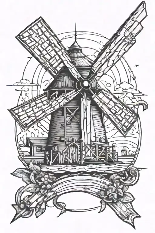 farm windmill with pocket knife and fishing rod casting a line tattoo design idea