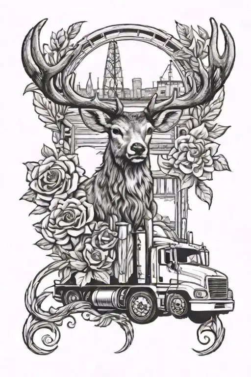 oil rig drilling rig, semi truck parked in front, deer antler, rose flower, lily flower, wheat stock, doves flying above tattoo design idea
