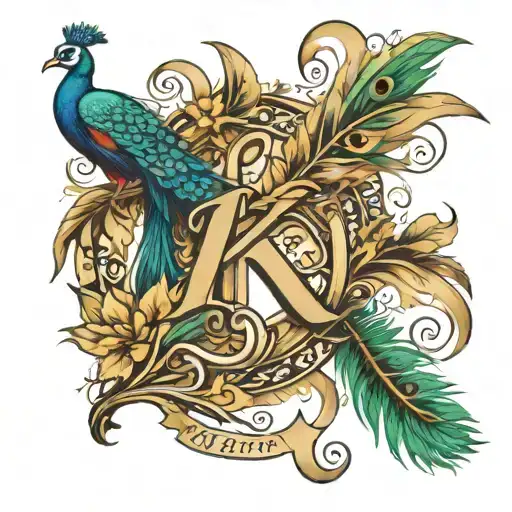 Letter K, with a peacock feather coming off the bottom right branch of the K like it is merged, flute laying diagonal ac tattoo design idea