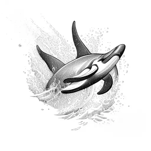 A blackwork tattoo of a powerful orca breaching the surface of the sea with splashing waves all around tattoo design idea