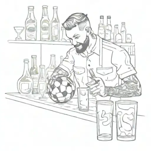 A bartender mixing cocktails with soccer balls as shakers tattoo design idea