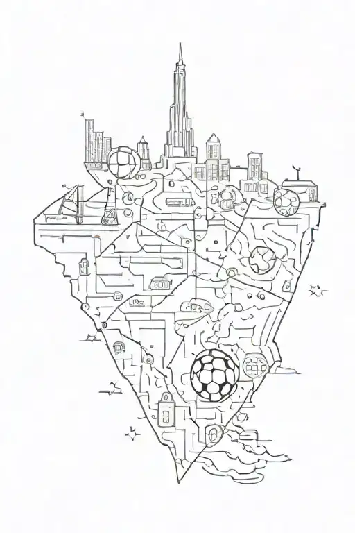 A map tattoo showcasing the locations of New York, Israel, and Germany with soccer balls marking each spot tattoo design idea