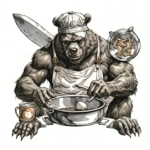 bear man wearing a wolf cap and doing cooking themed tattoo tattoo design idea